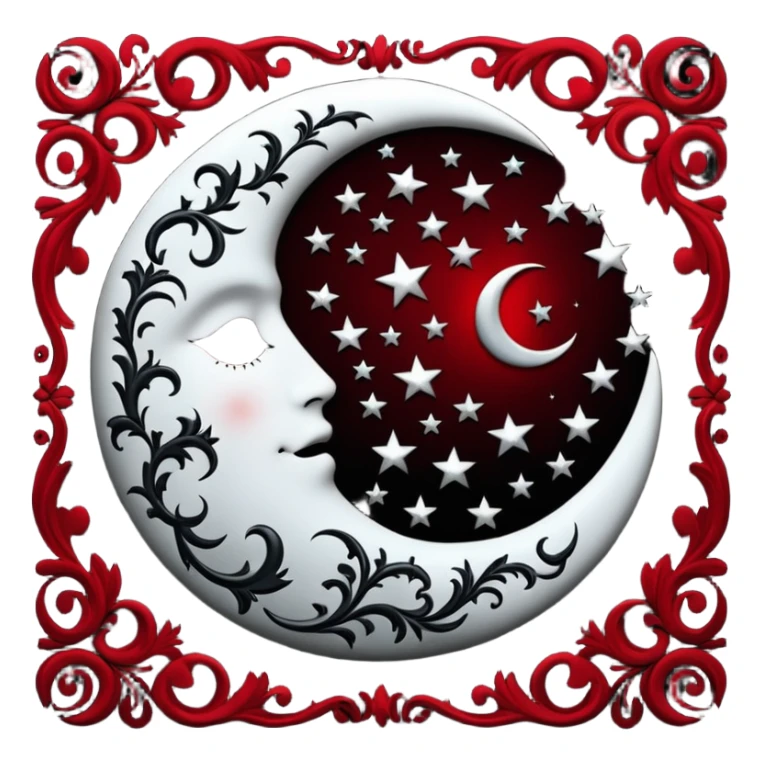 Gothic edgy emo black and white and red and silvery starry damask moon sticker