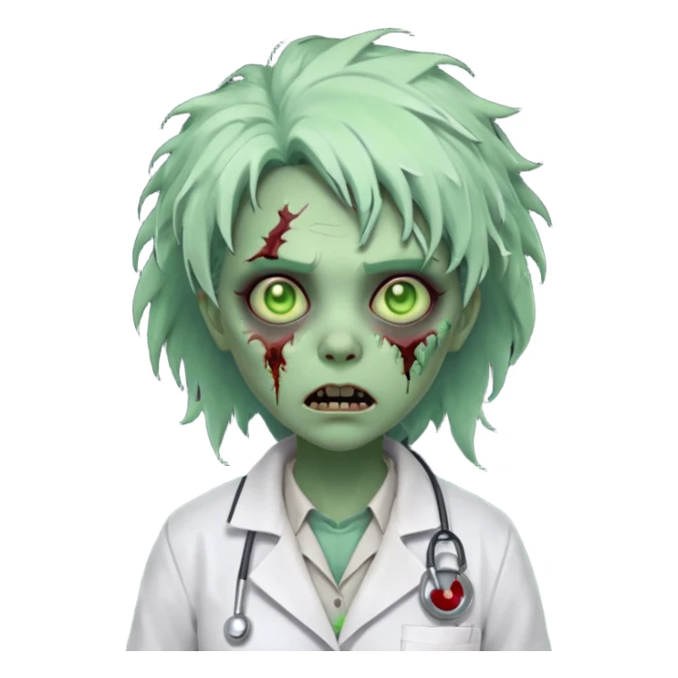 zombie scientist woman portrait, head and shoulders only, torn lab coat collar, pale green skin, stitched face details, glowing eerie eyes, messy hair, creepy but cute cartoon style, 3D cartoon, mobile game icon style, clean background, no text, no watermark
 sticker