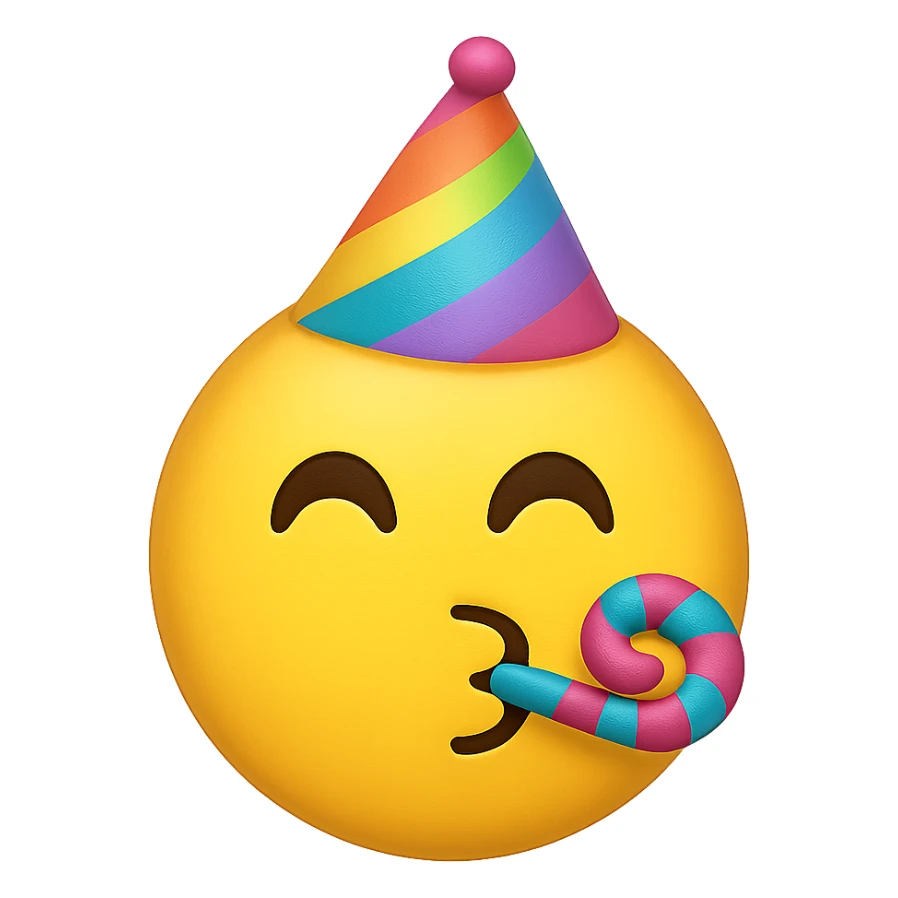 yellow face with rainbow party hat, digital illustration, emoji style, no background sticker