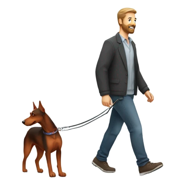 Man with beard walking a red Doberman dog on leash sticker