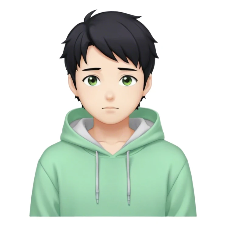 Gorgeous pastel green sweater black hair anime style shojo guy with blushing face and, hoodie, aesthetic, young adult, trending style, outside, vedal987 sticker