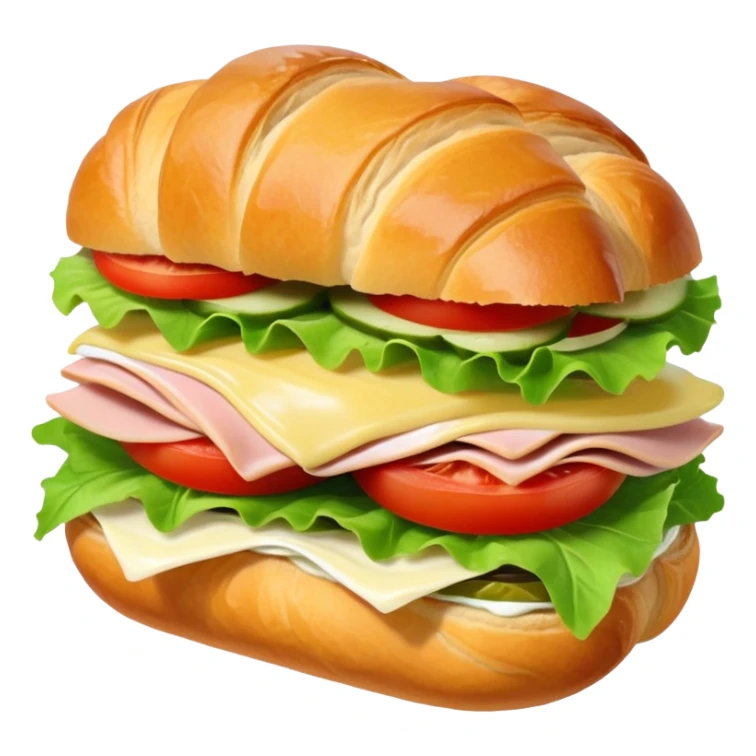 sandwich with turkey, lettuce, pickles, mayonnaise, and tomatoes on a croissant sticker