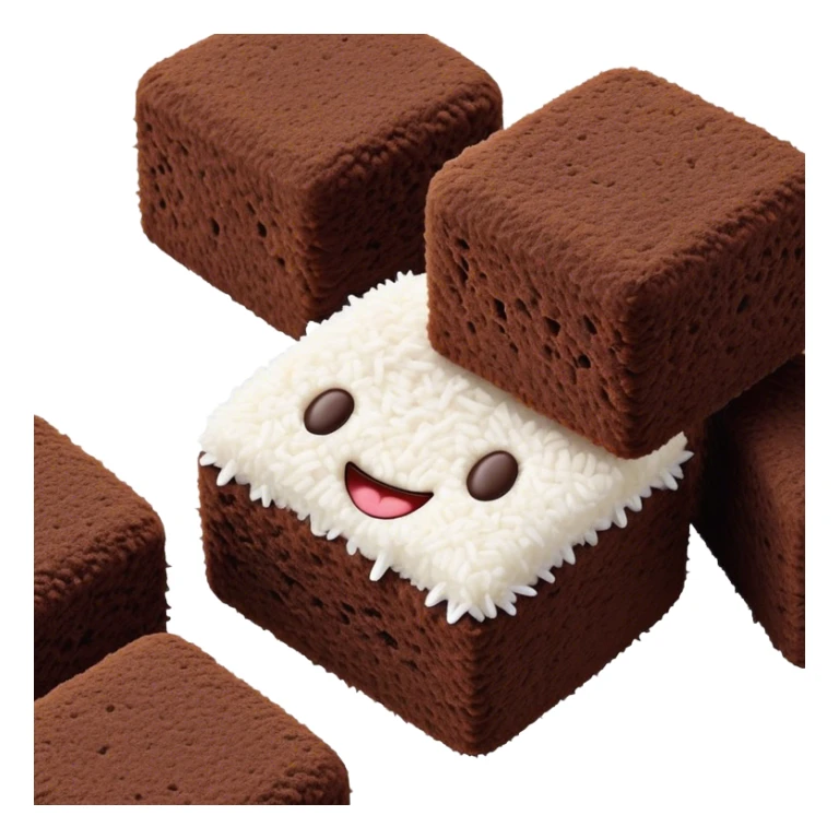 Cinematic Realistic Lamingtons Dessert Emoji, depicted as soft sponge squares coated in chocolate and coconut rendered with mouth‚Äêwatering detail and vibrant lighting. sticker