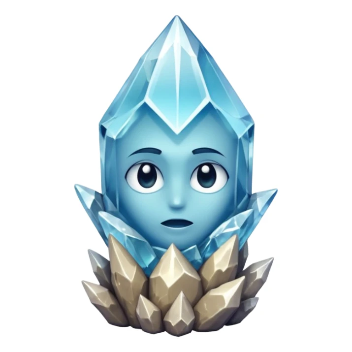A single crystal rock inspired by a clear quartz cluster, amorph base with many tall transparent crystal spikes growing upward all around it with a face sticker
