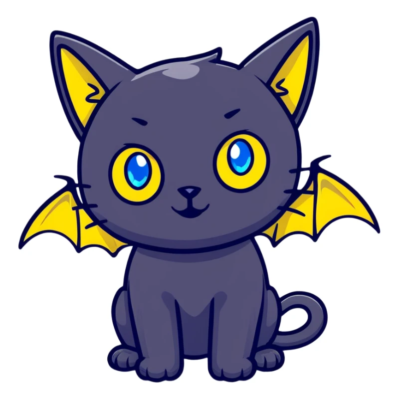 black cat with blue bat wings and glowing yellow eyes sticker