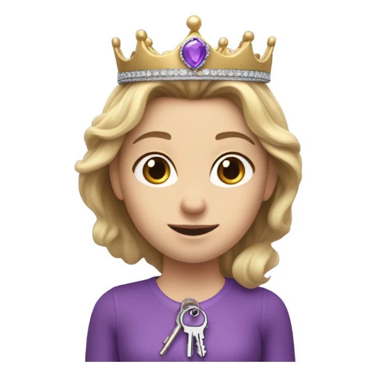 Caucasian Heidi wear purple holding key and wearing a crown sticker