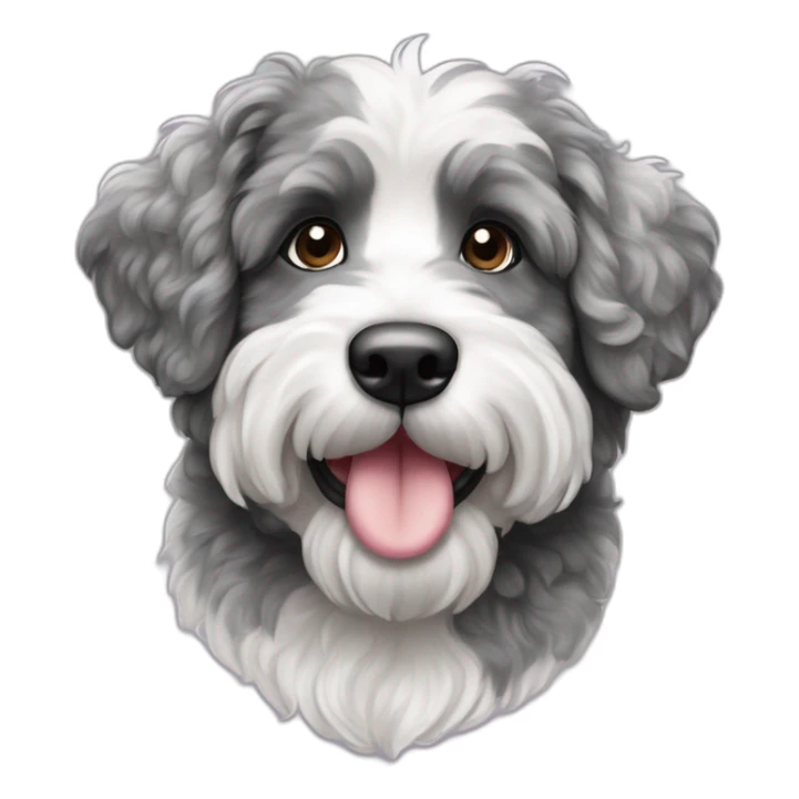ausiedoodle with black and white and gray merle coloring with heart sticker