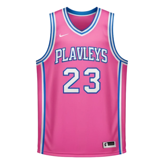 pink basketball jersey with the text PLAVLEYS 23 and a logo sticker