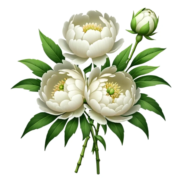 bouquet white Peony, luxuriant, stem, leaf, bud sticker