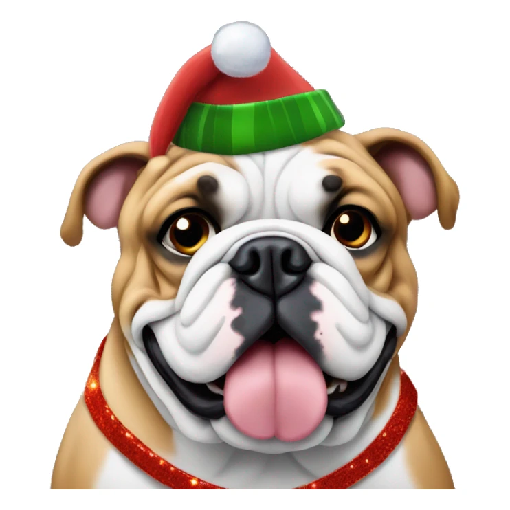 English bulldog wrapped with Christmas lights and hat sticker