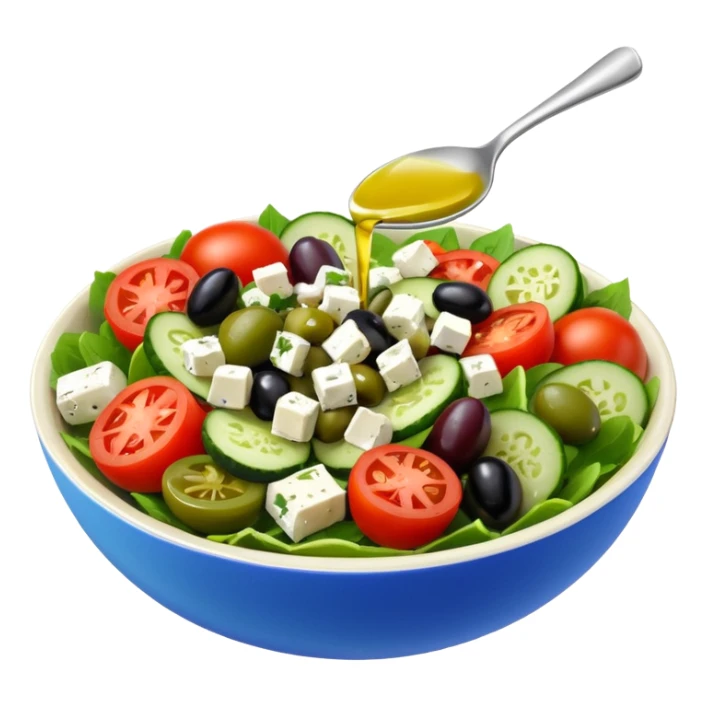 mediterranean salad bowl object icon, tomatoes, cucumbers, olives, feta cheese, olive oil dressing, 3D cartoon, mobile game icon style, clean background, no text, no watermark
 sticker