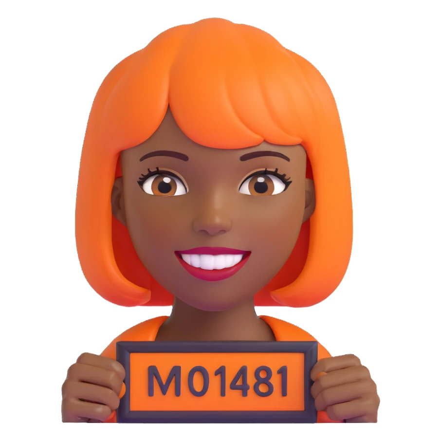 dark skinned Black woman with orange bob wig like Chucky's hair, visible plaque on her teeth sticker