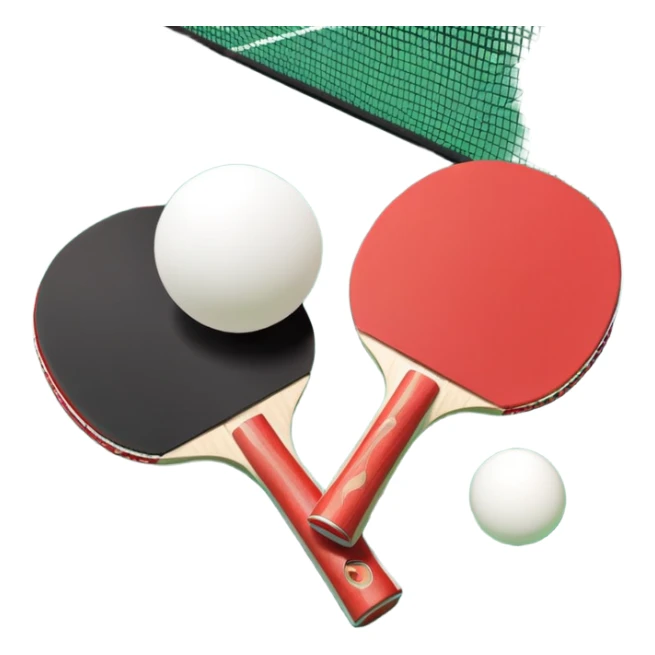 Two table tennis paddles and a ball placed on a ping pong table, with the net in the background. The scene conveys the simplicity and focus of the sport, with vibrant colors highlighting the rackets and ball on the smooth surface of the table. sticker