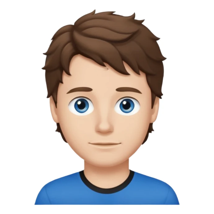 White Male, wavy brown hair, blue eyes, black t-shirt sticker