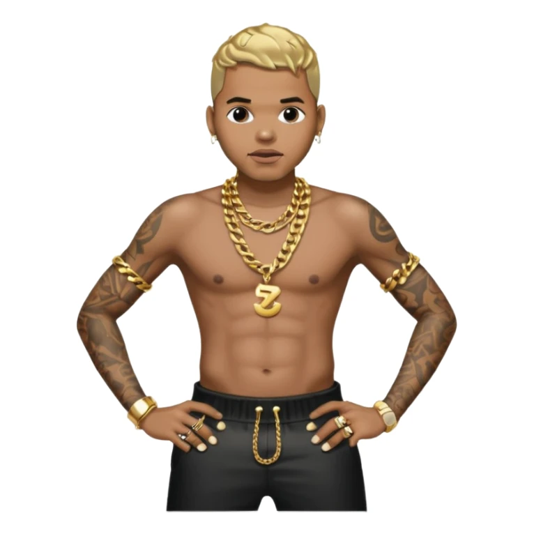Chris Brown with metallic black pants, shirtless with necklace sticker