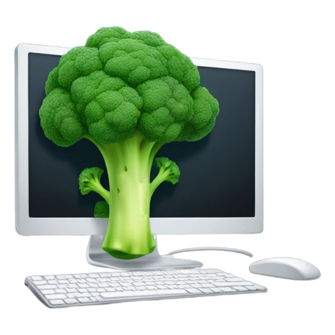 Generate a creative broccoli emoji sitting in front of a computer with a stylus, designing something on a screen. sticker