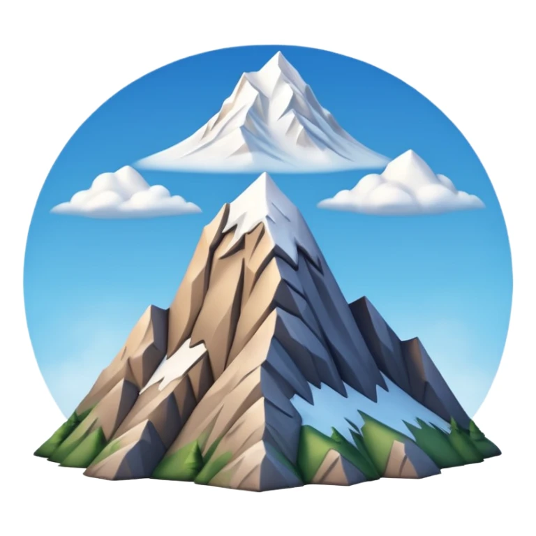 iOS-style 3D emoji: a tall mountain peak with snowy summit, steep slopes, and soft atmospheric shading, viewed from a low angle to emphasize height sticker
