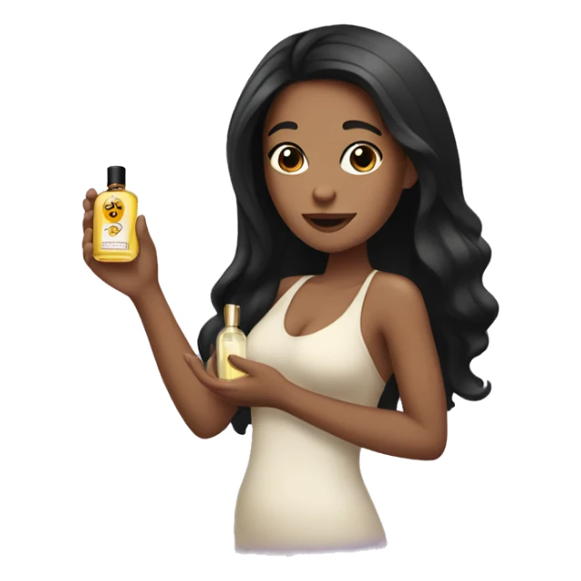 tan girl with long black hair holding perfume sticker