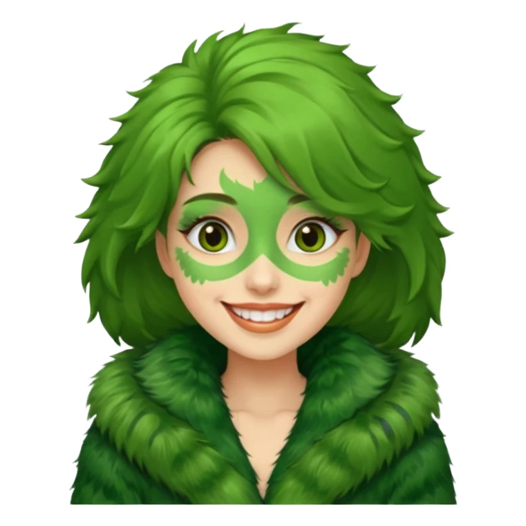 female in green fur coat like grinch sticker