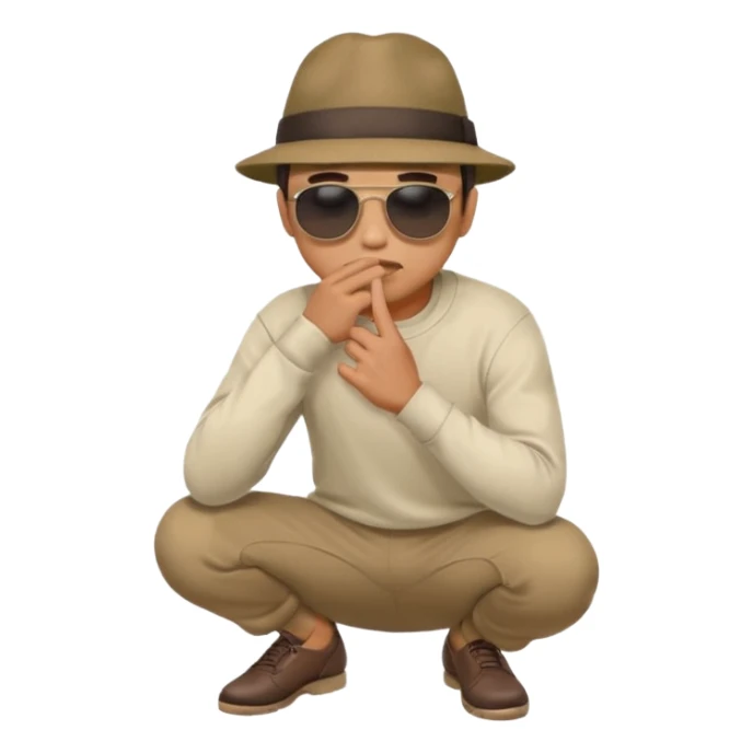 A man squatting down and holdig his hand flat a bit above the ground, like your pettig the air and while holding his finger to his mouth sticker