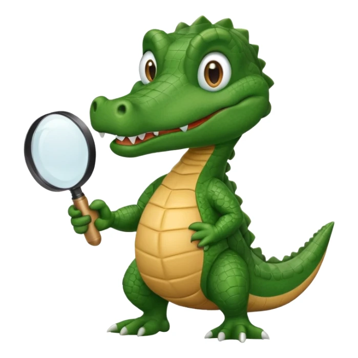 A green academic cartoon gator with a magnifying glass on a light background sticker