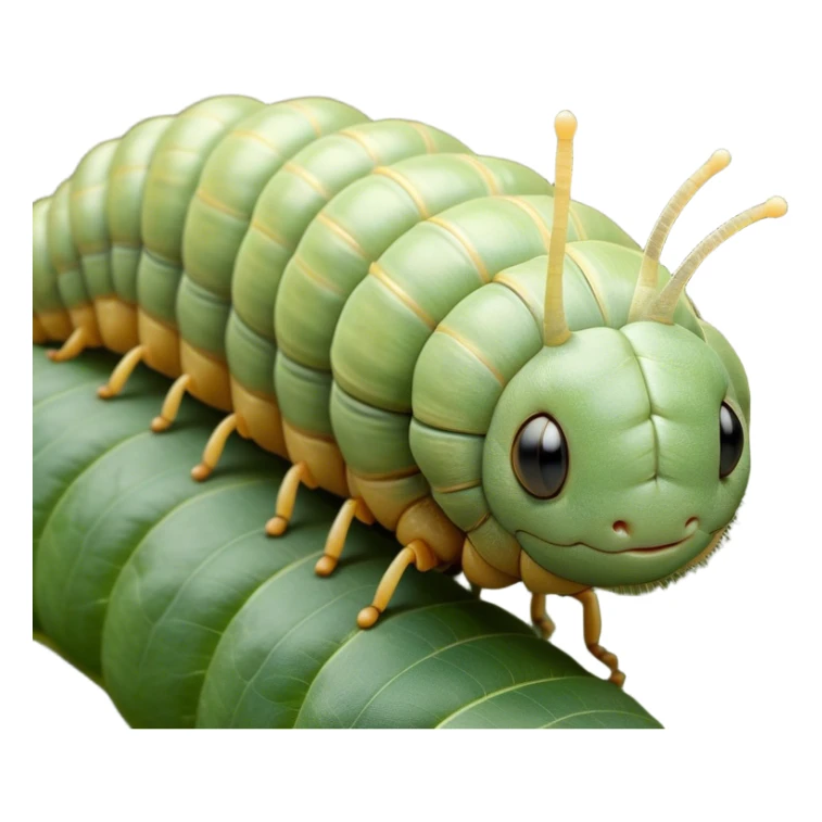 Beautiful and Majestic Caterpillar Portrait Emoji, Head and body rendered in serene repose with a gentle, content smile, showcasing a delicately segmented form with softly textured hues and eyes peacefully closed in tranquil slumber, Simplified yet exquisitely endearing features, highly detailed, glowing with a soft, drowsy natural light, high shine, relaxed and utterly noble, stylized with an air of graceful metamorphosis, soft glowing outline, capturing the essence of a beautiful and majestic caterpillar that embodies the quiet promise of transformation! sticker