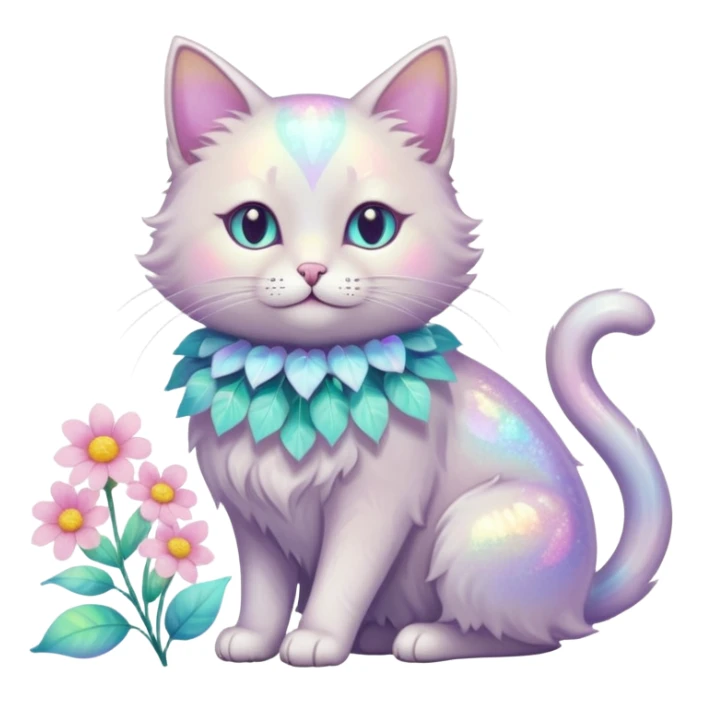 Pastel iridescent shiny ethereal elegant pretty beautiful realistic glossy glittery cat with flowers and pastel colors aesthetic sticker