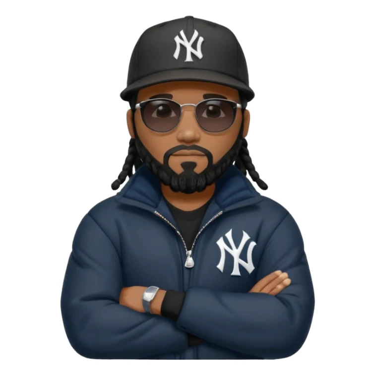 African American man with shoulder length black dreadlocks and black beard wearing black sunglasses with a New York Yankees baseball cap wearing a dark black bubble winter coat with arms folded sticker