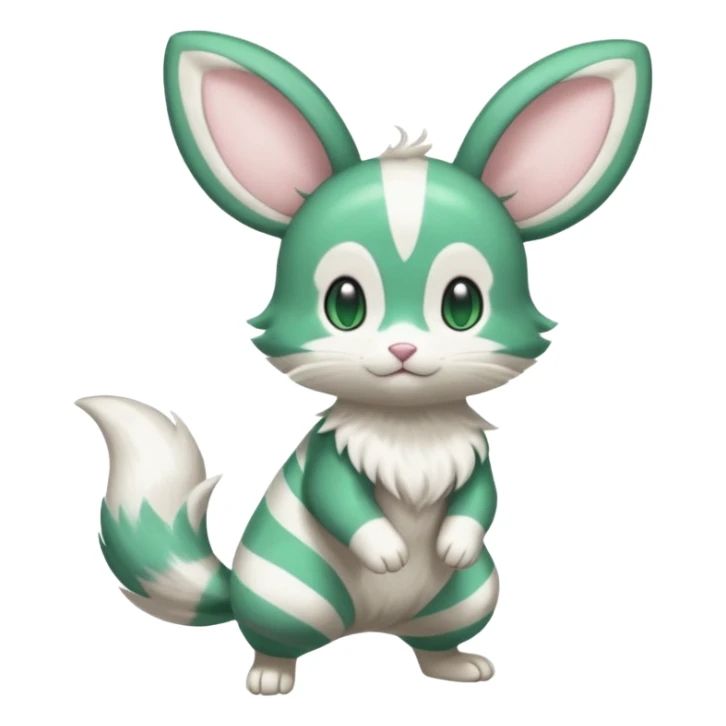 emerald-green, white Purrloin-Minccino-Emolga-fusion (full body) with vertical white stripes running down the whole body sticker