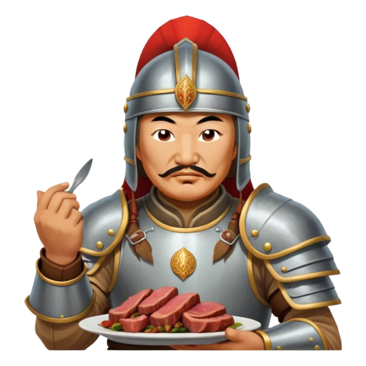 genghis khan with armor and helmet eats cooked meat with hands sticker