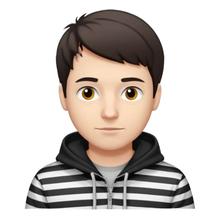White Man with short dark brown hair and 5 o'clock shadow, black and white stripped hoodie sticker