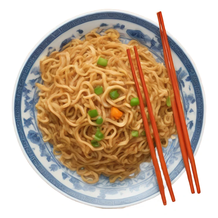 Chinese fried noodle in white and blue plate with orange spoon and chopsticks sticker