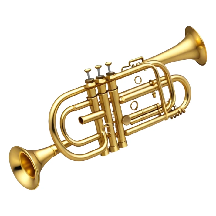 Create a sleek and professional emoji representing a Stomvi trumpet. The design should showcase the shiny, polished brass body of the trumpet with its distinct bell, valves, and tuning slides. Highlight the intricate keywork and the valve pistons, with detailed metallic accents and subtle reflections on the surface. The mouthpiece should be visible at the top of the instrument. Use golden and brass tones with light reflections to emphasize the smooth, high-quality finish. Add a few musical notes floating around the trumpet to evoke its bright and resonant sound. The background should be transparent. sticker