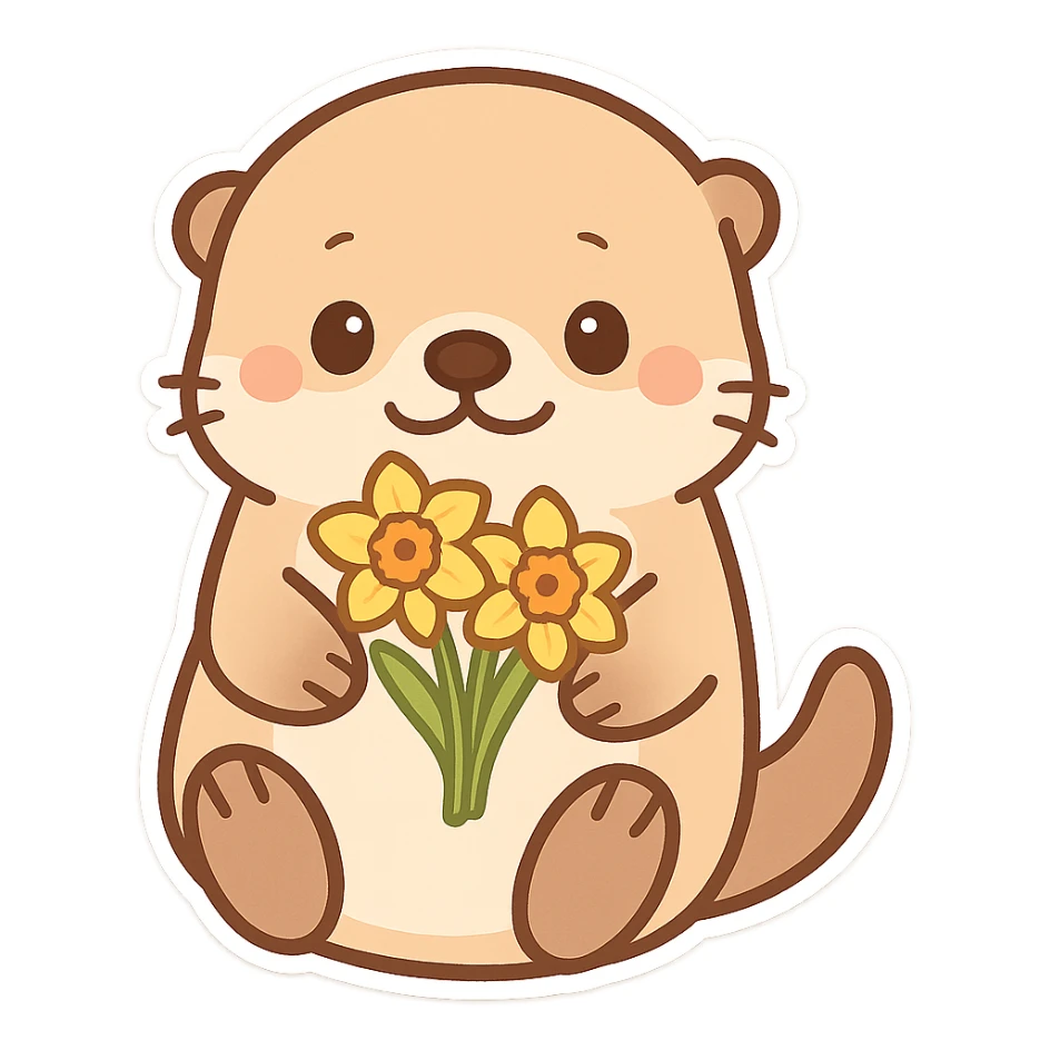 Sea otter with daffodils on its belly, cartoon style, Q version sticker style, simple and cute sticker
