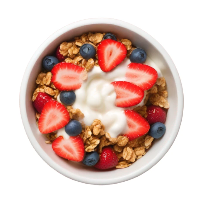 Top view of a yogurt bowl with strawberries and granola sticker