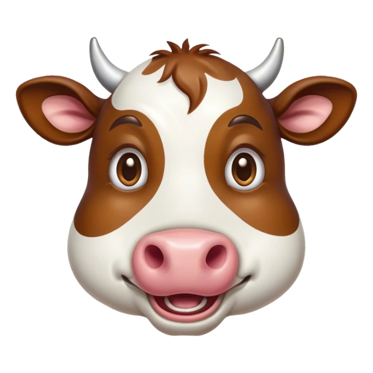 Cinematic Comical Brown and White Cow Portrait Emoji, Head tilted dramatically with an exaggeratedly amused expression, featuring a striking, glossy hide with a dynamic mix of brown and white, wide, expressive brown eyes filled with playful disbelief, Simplified yet hilariously expressive features, highly detailed, glowing with a slightly sassy glow, high shine, dramatic yet playful, stylized with an air of cheeky mischief, bright and endearing, soft glowing outline, capturing the essence of a spirited and over-the-top cow, so meme-worthy it feels like it could moo its way into internet fame instantly! sticker