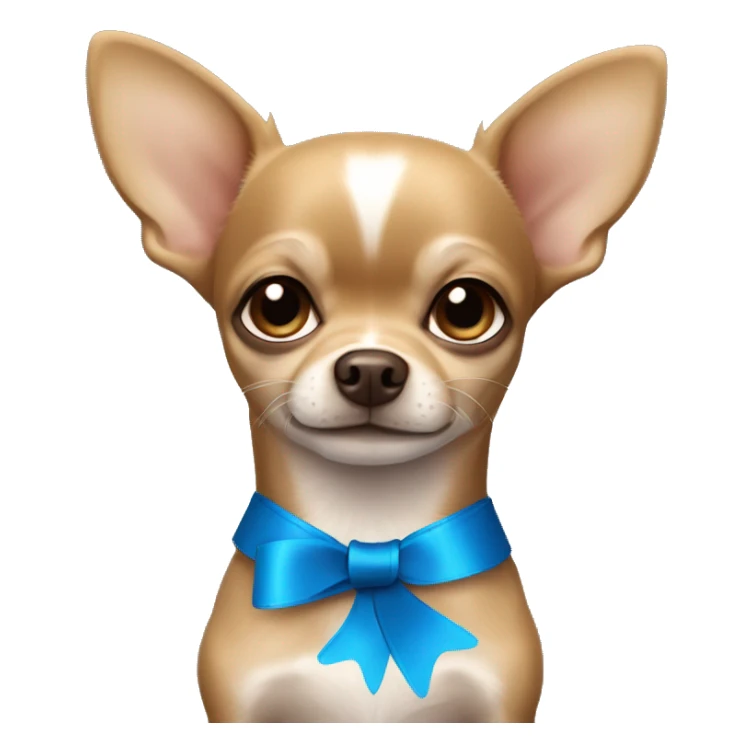 A grey brown chihuahua with little light brown eyes and a blue ribbon  sticker
