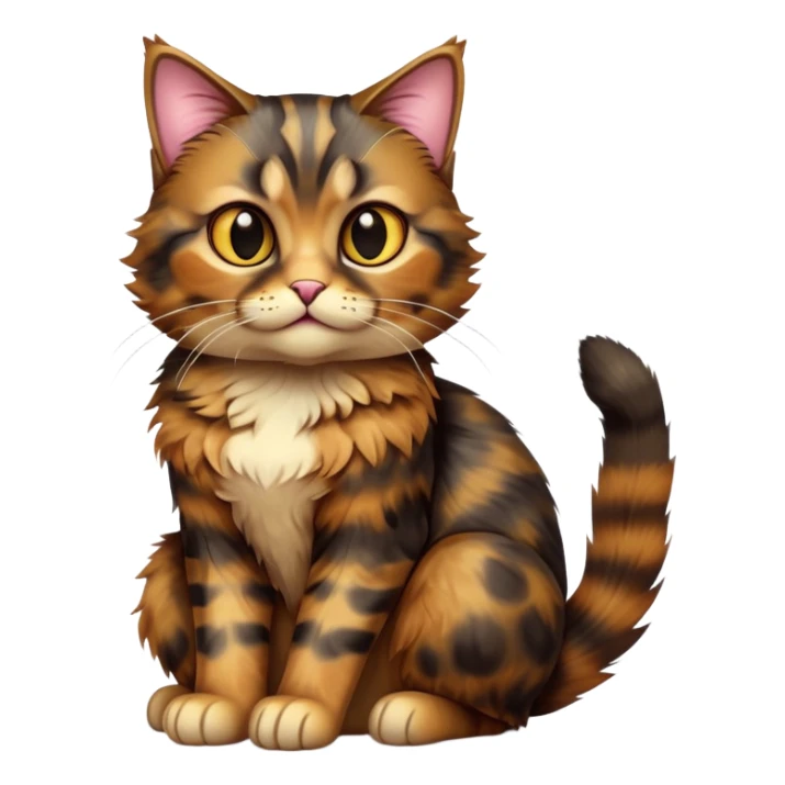 cinematic-[tortoiseshell tabby cat]-realistic-full-body-sitting-emoji,-tail-curled-playfully-around-its-paws,-head-tilted-dramatically,-scruffy-[dark tortoiseshell coloured]-fur,-simplified-yet-realistic-focused-features,-highly-detailed,-glowing-with-an-almost-sarcastic-glow sticker
