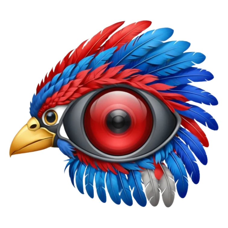 grey eye piece with red and blue feathers sticker