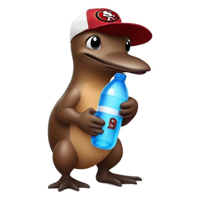brown platypus wearing a white 49er hat holding water bottle sticker