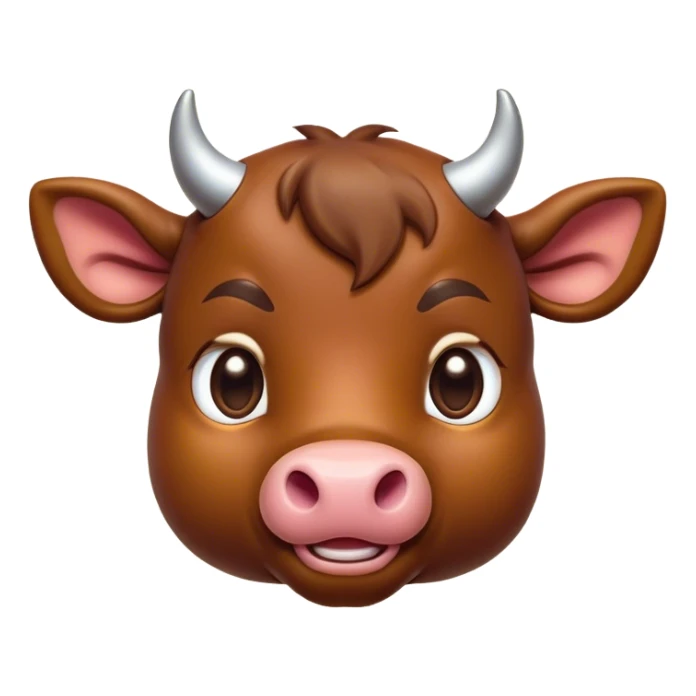 Cinematic Cute Brown Bull Portrait Emoji, Head tilted playfully and inquisitively, featuring a glossy, robust brown hide with a natural sheen, round, sparkling dark eyes filled with gentle curiosity, Simplified yet irresistibly adorable features, highly detailed, glowing with a warm, friendly glow, high shine, affectionate and imposing, stylized with a touch of rugged charm, bright and endearing, soft glowing outline, capturing the essence of a mischievous yet loving bull, so playful it feels like it could stomp out of the screen and into your arms! sticker