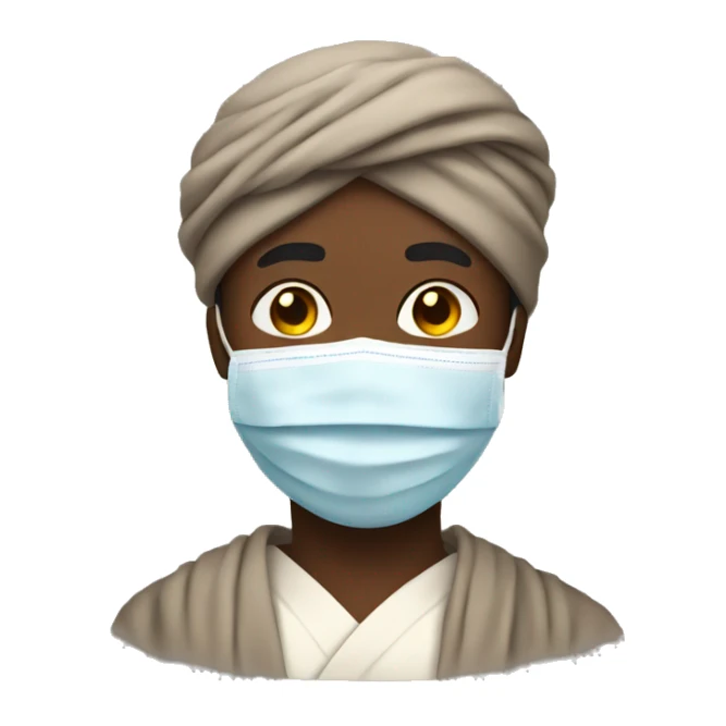 Black man with a turban wearing a robe and a face mask sticker