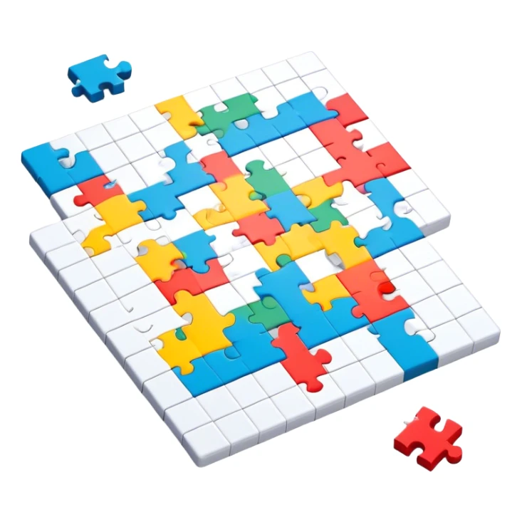 A colorful puzzle piece, a crossword magazine, a 3D puzzle, and a partially completed puzzle picture on a table. Bright colors, minimalist design, modern style. Transparent background, suitable for puzzles and brain games. sticker