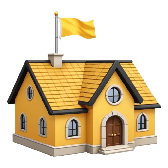 simple school, white background, magic school, black roof, with a big flag, big flag on a roof, big yellow flag, white school sticker