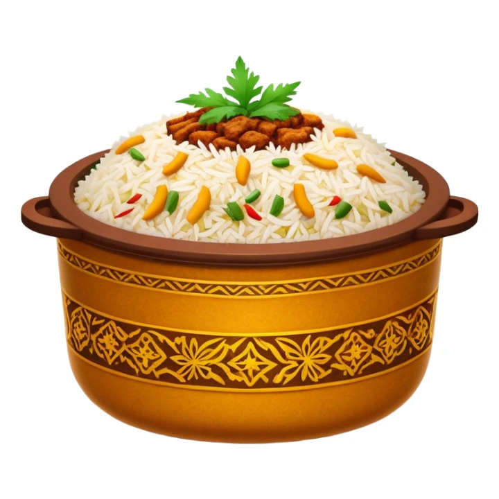 Cinematic Realistic Biryani Dish Emoji, depicted as aromatic basmati rice layered with spiced meat and herbs rendered with vibrant textures and warm, inviting lighting. sticker