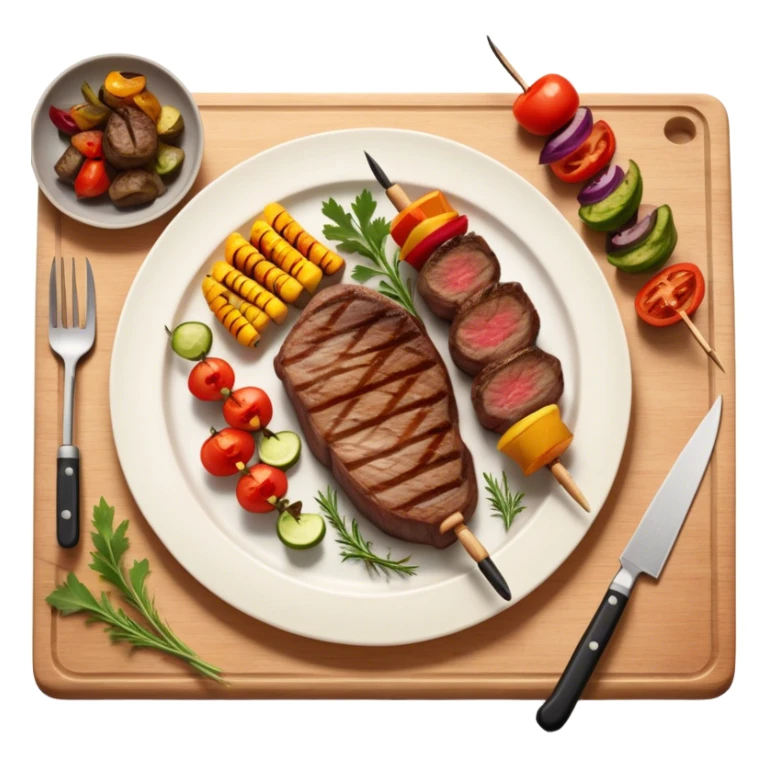 icon featuring a chef’s hat, a cutting board with fresh ingredients, a knife, a beautifully cooked ribeye steak, shashlik skewers, and a plate of food in the making. The design captures the passion of cooking with warm, inviting colors, and realistic textures. Transparent background. sticker