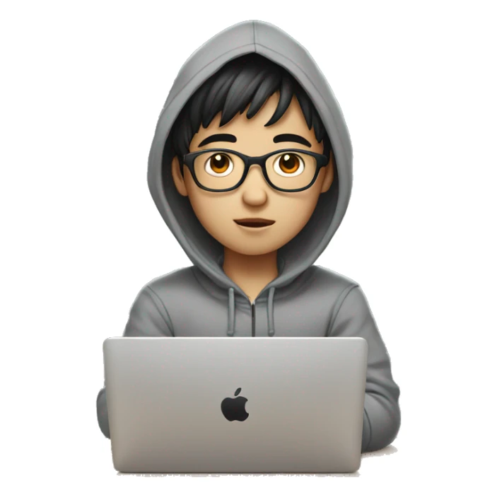korean boy in grey hoodie with glasses with MacBook-laptop sticker
