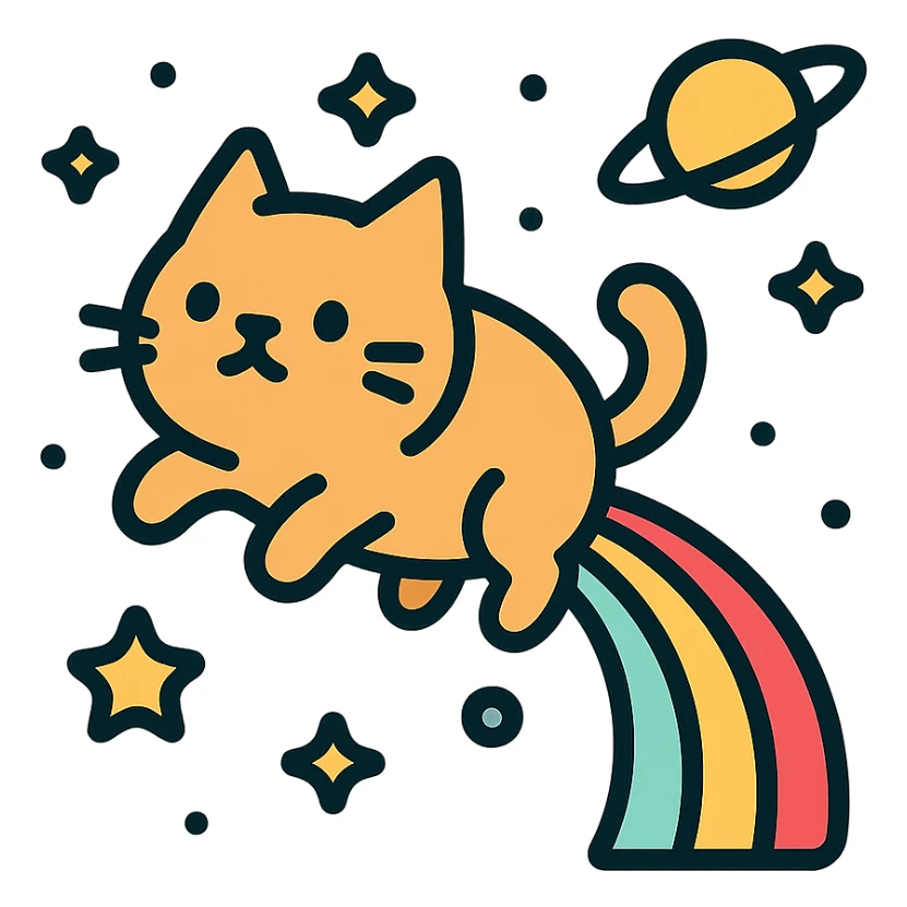 flying cat pooping rainbows in outer space with stars and planets sticker