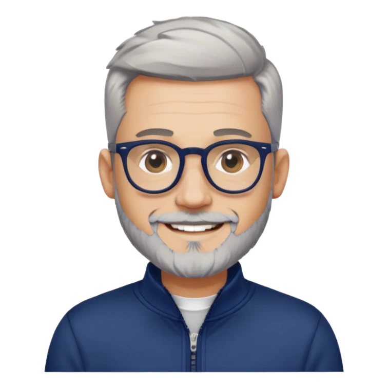 Man with light skin, high fade haircut (extremely short gradient from sides to top), short peppered gray beard, large black-framed glasses, smiling face, navy blue zip-front sweatshirt with long sleeves sticker