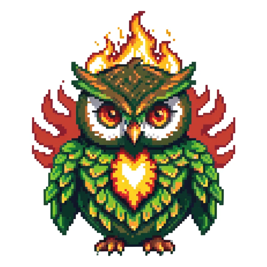 Duolingo green owl mascot with fire flames sticker